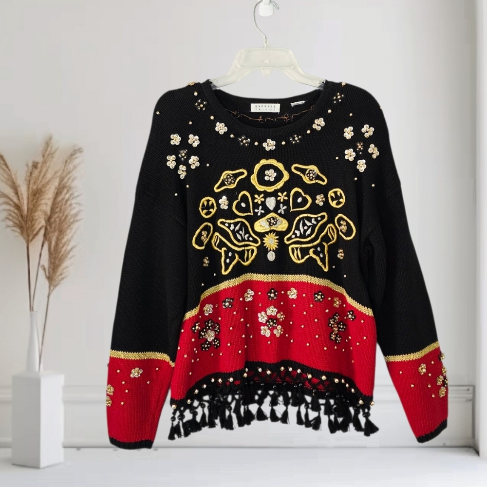 Vintage Express Tricot Beaded Tassel Sequin Pullover Sweater Size Medium